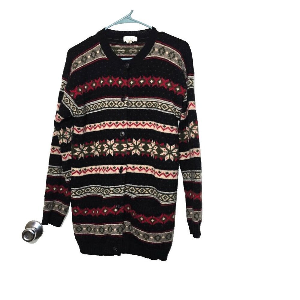 J Crew Wool Cardigan M Fair Isle Button Stretch Breathable Comfort Long Sleeve
